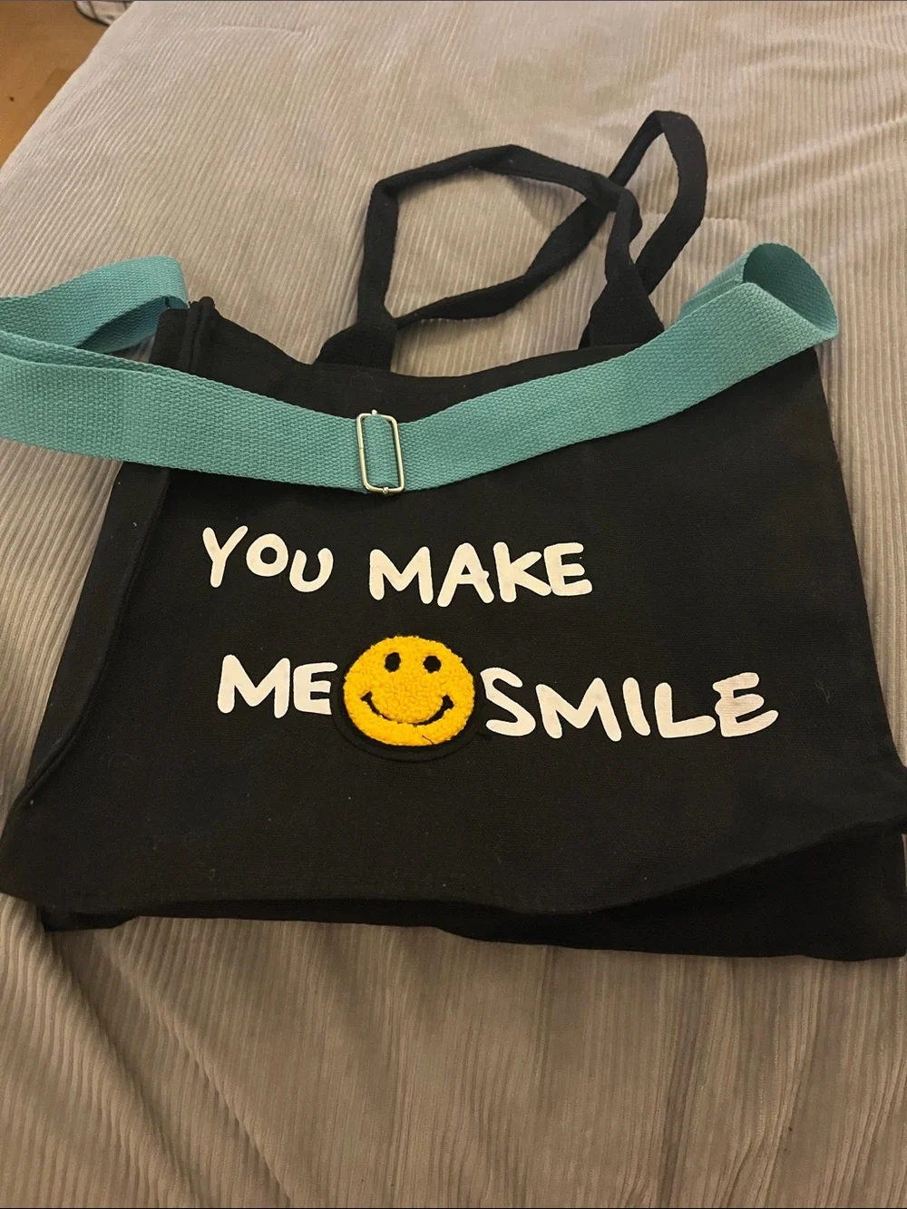 Black Canvas Tote Bag with Turquoise Strap - You Make Me Smile